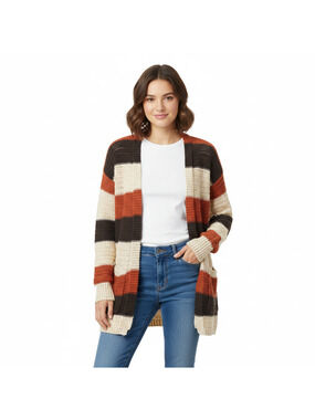 Kate & Sam Knit Cardigan Womens Small Orange Brown Striped Fall Cozy Layers